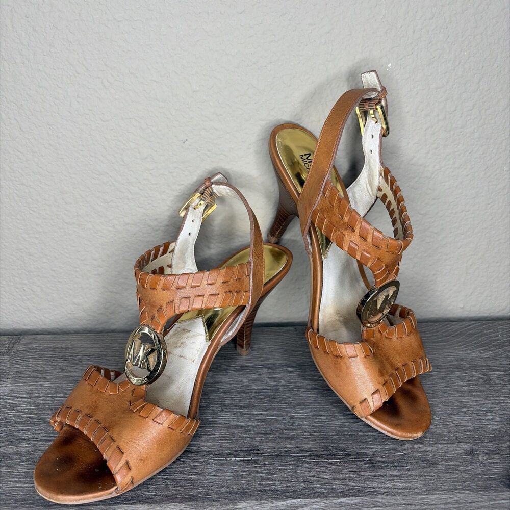 MICHAEL KORS Kalle T Strap Womens Brown Leather Heels Sandals 6.5 Whip Stitch